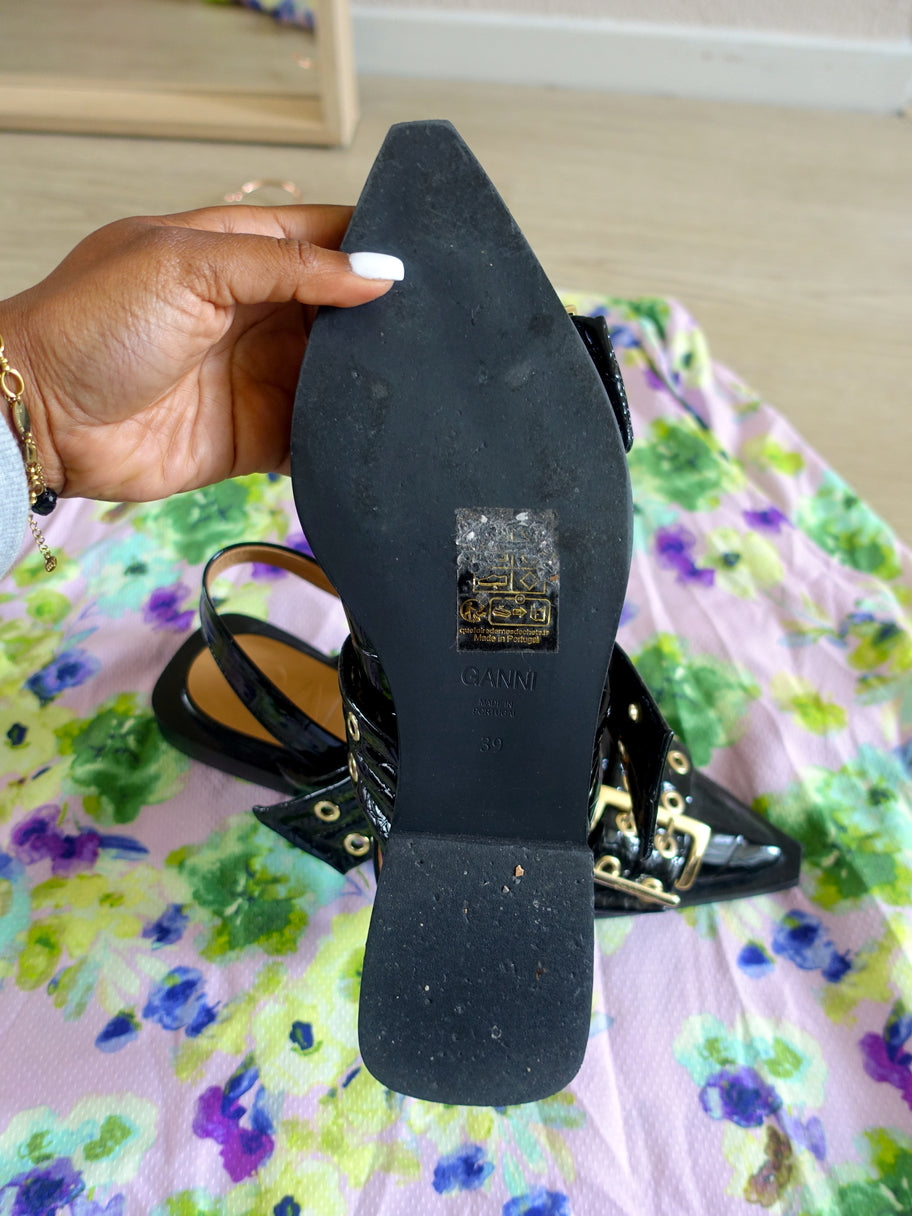 GANNI feminine buckle ballerinas in Black Croco Patent