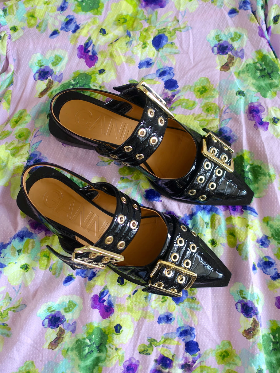 GANNI feminine buckle ballerinas in Black Croco Patent
