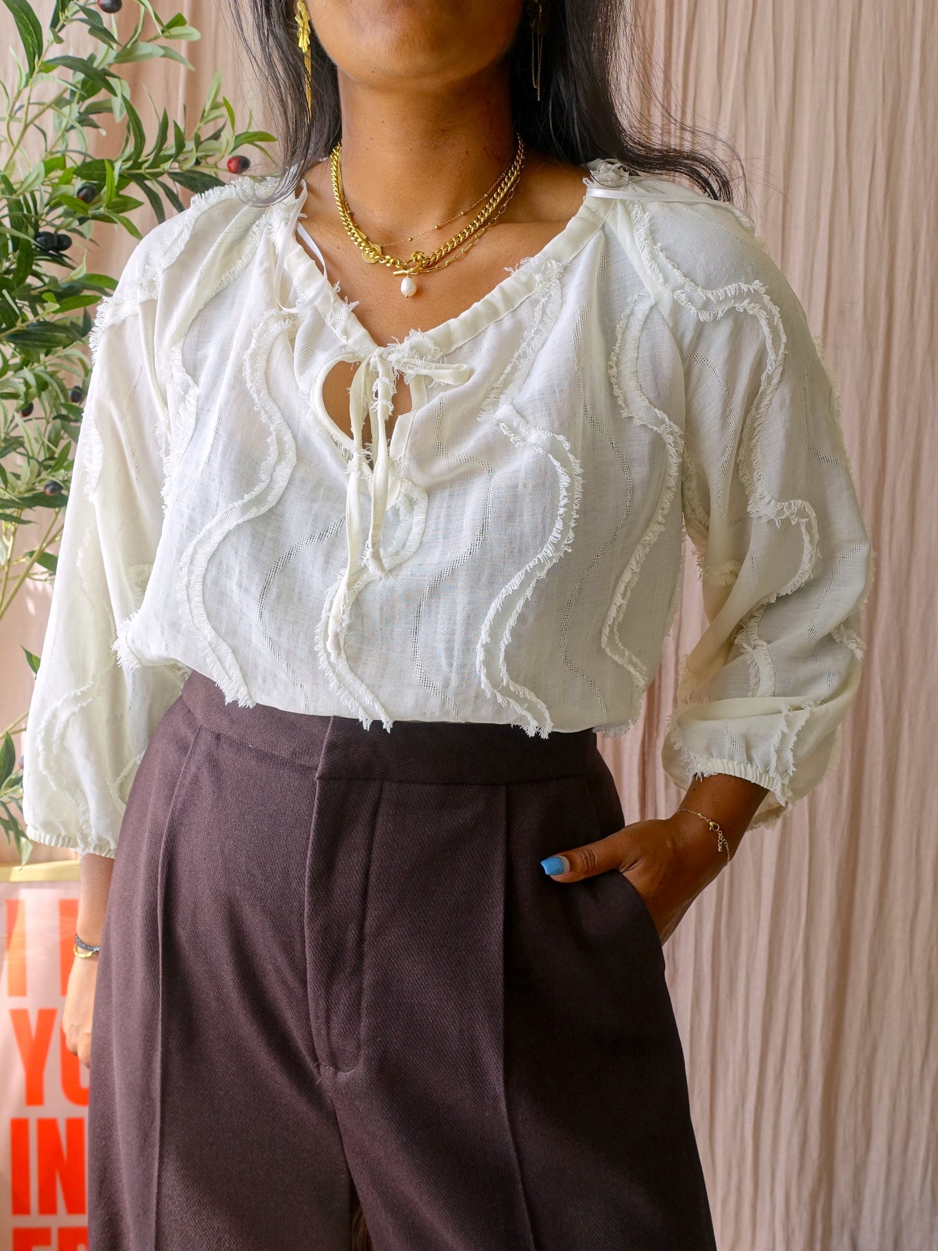 Geisha frill detail bohemian top ecru