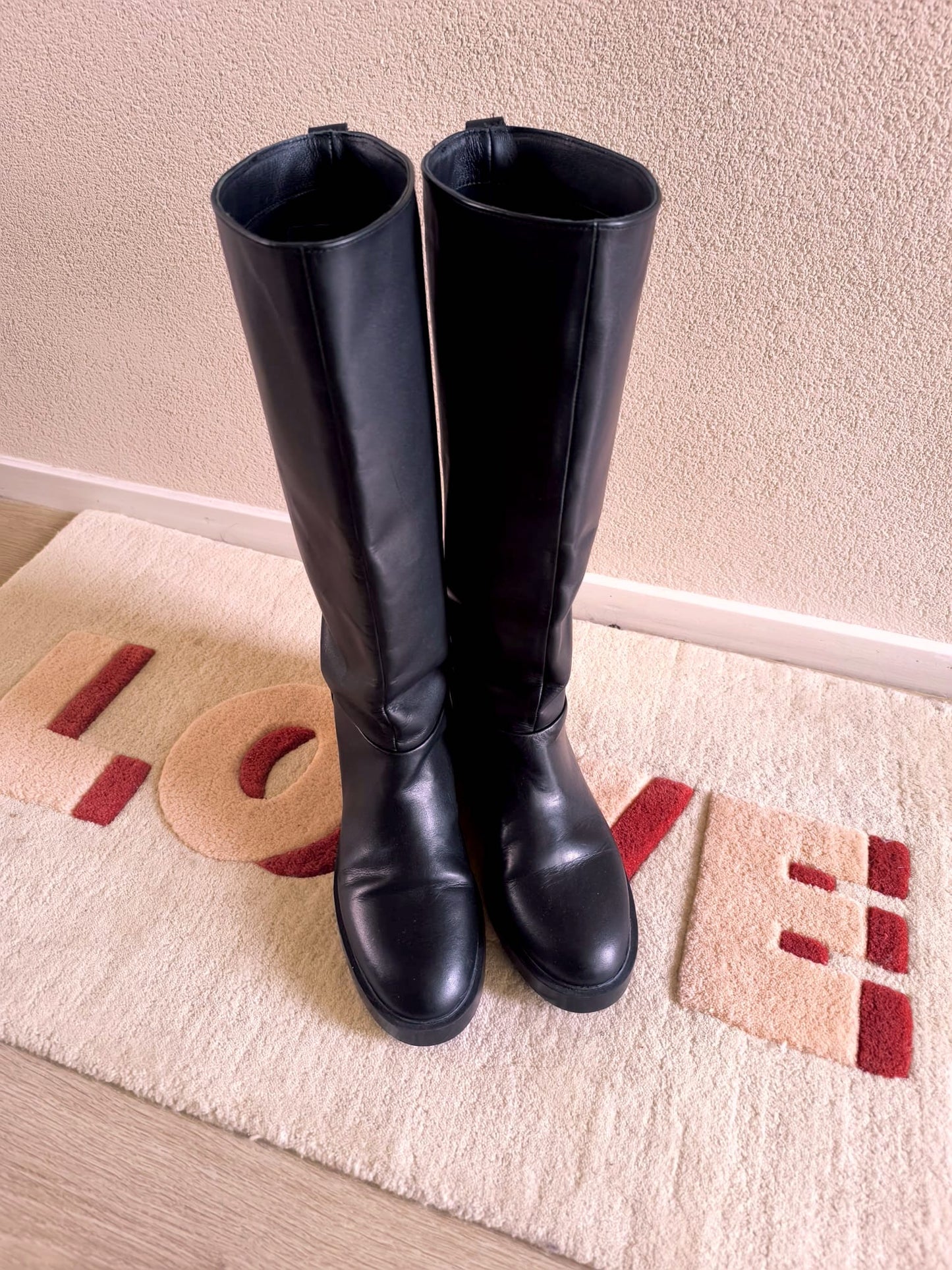 H&M premium high leather riding boots jet black