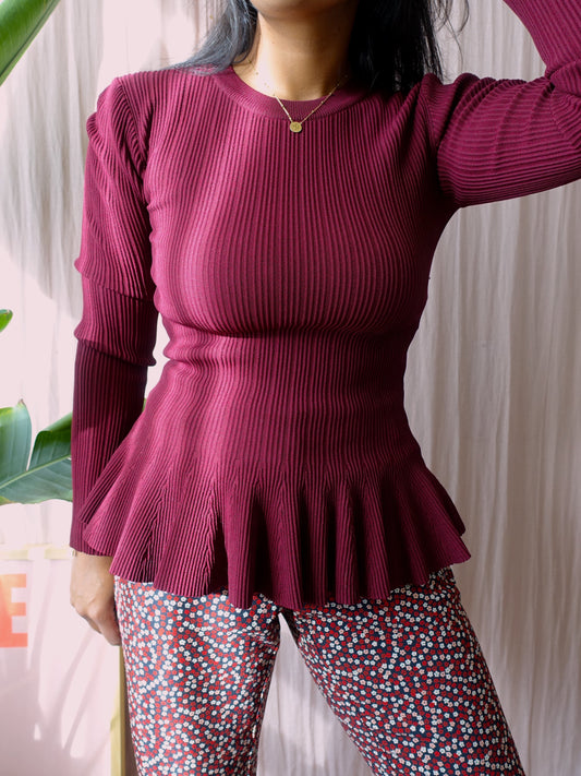 Homage knitted rib peplum top bordeaux