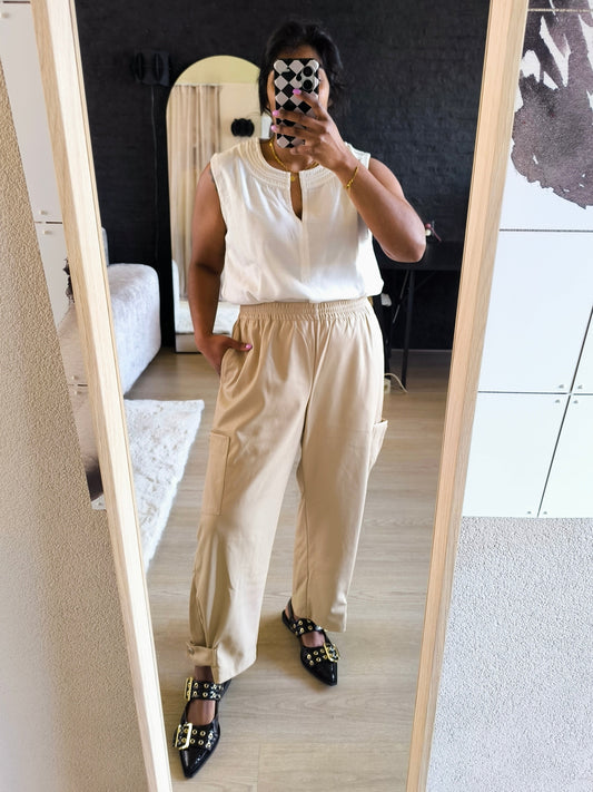 Ulla Popken vegan leather cropped cargo pants sand