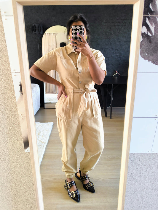 Denim boiler jumpsuit beige