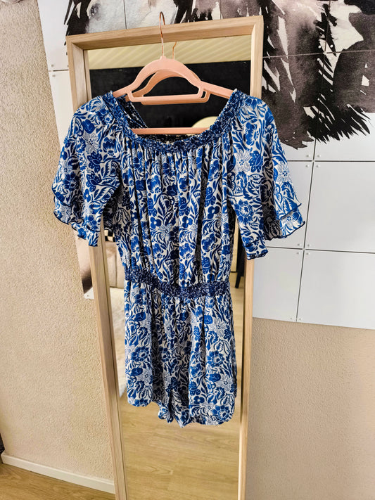 Pepe Jeans linnen playsuit offshoulder kobalt / wit