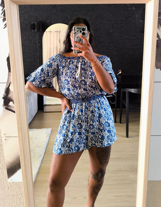 Pepe Jeans linnen playsuit offshoulder kobalt / wit