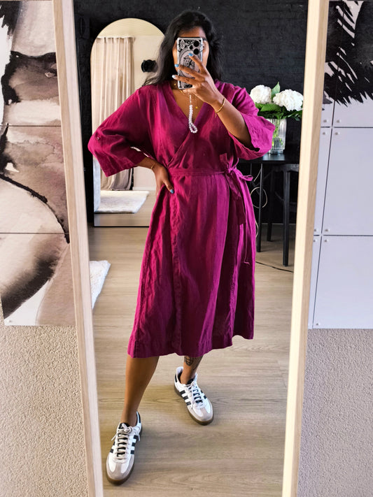 Didi linnen wrap over midi jurk plum