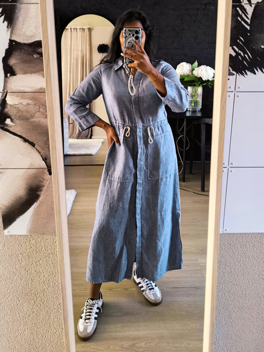 Sandwich linnen denim look midi jurk