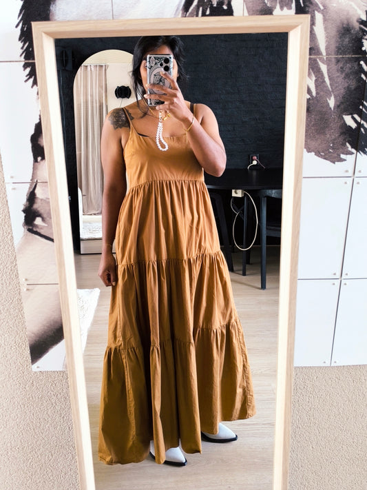 Zara popline cotton bohemian jurk cognac