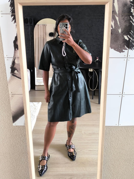 Modström vegan leather fit & flare jurk bottle green
