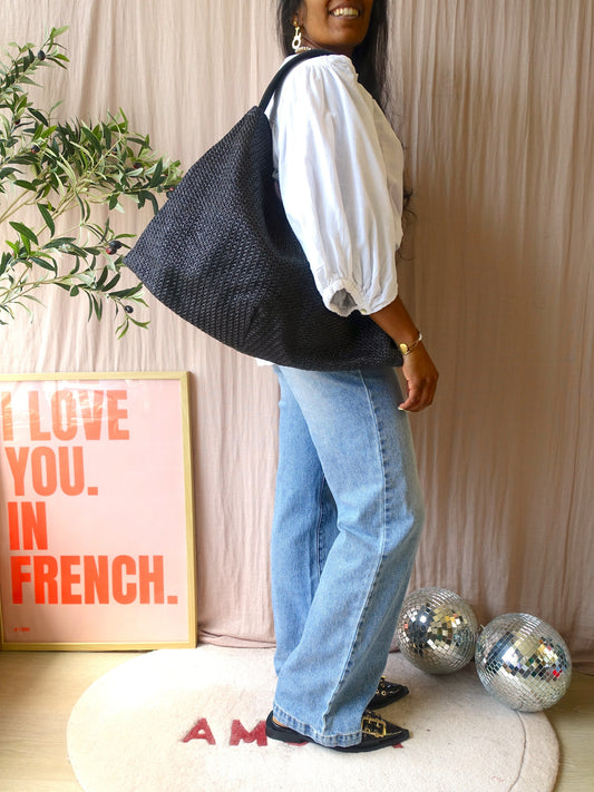 Marc O'Polo raffia tas met lederen details jet black