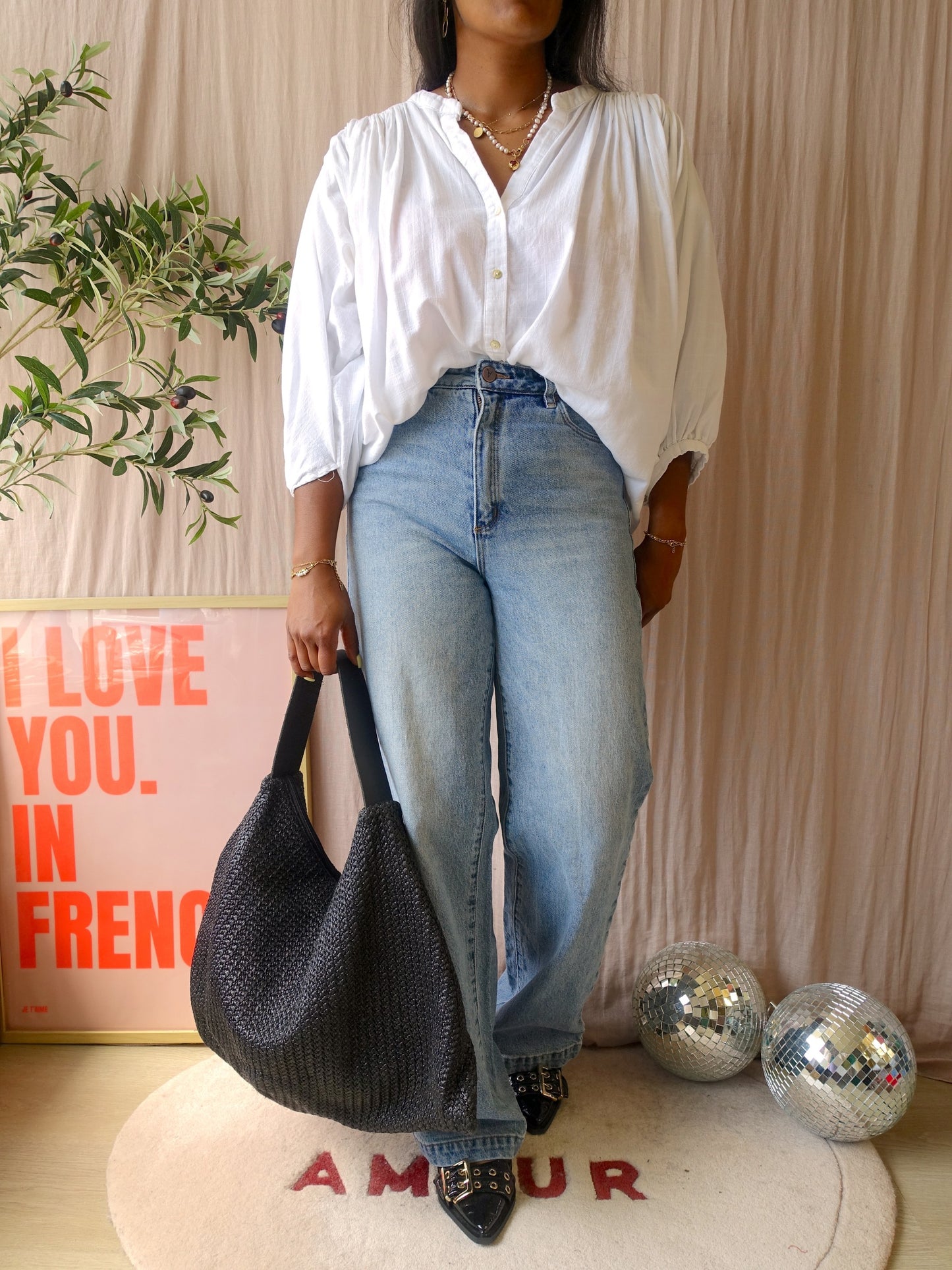 Marc O'Polo raffia tas met lederen details jet black