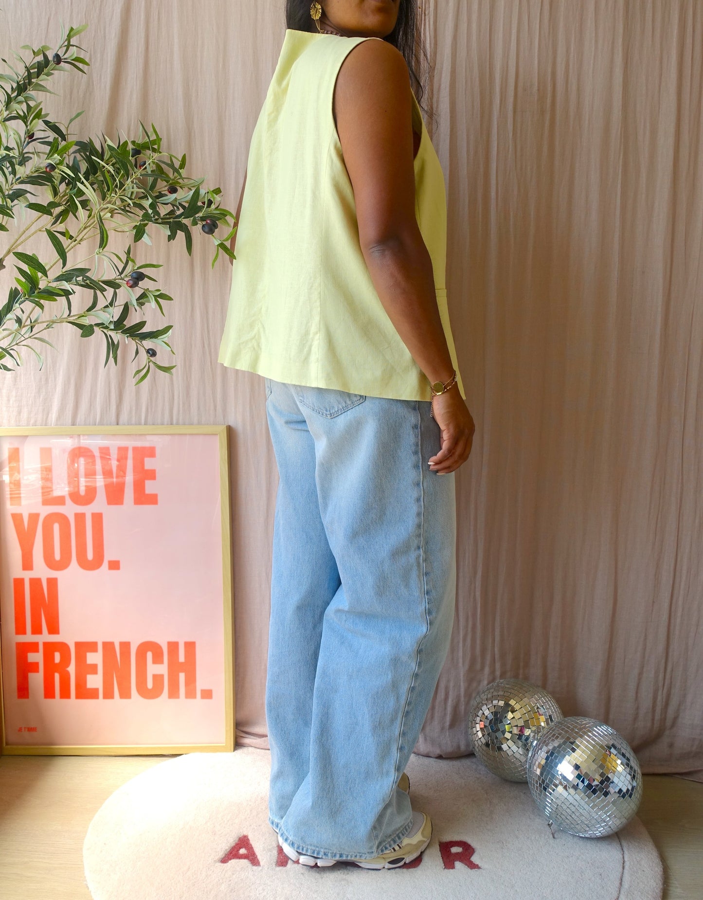 Linnenmix classic gilet pale lime yellow