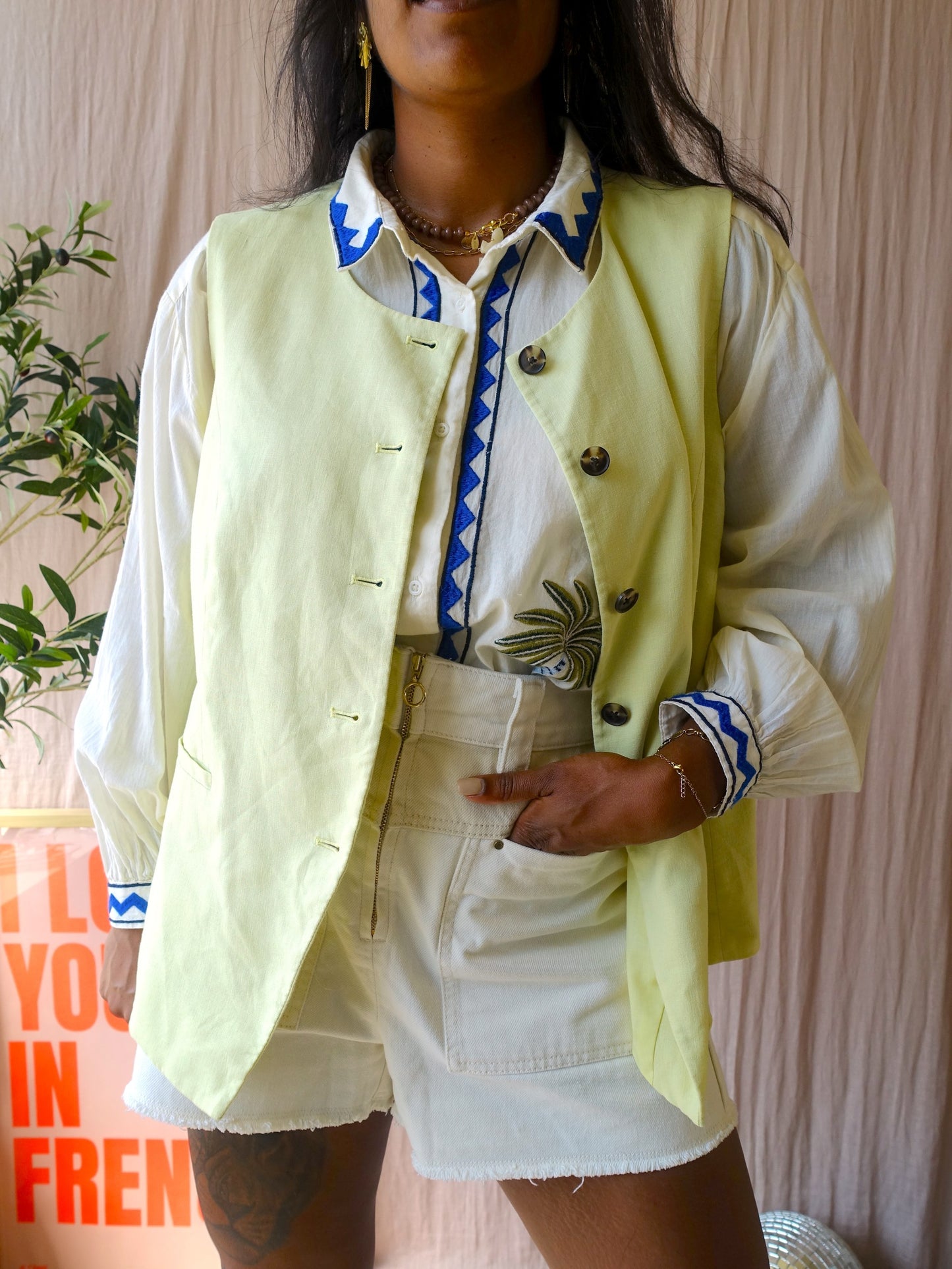 Linnenmix classic gilet pale lime yellow