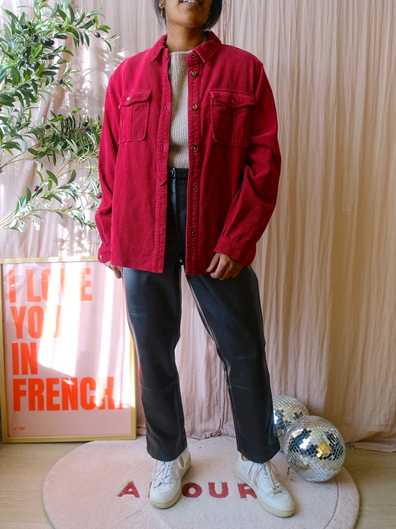 Maison 123 velvet ribcord shacket viva magenta