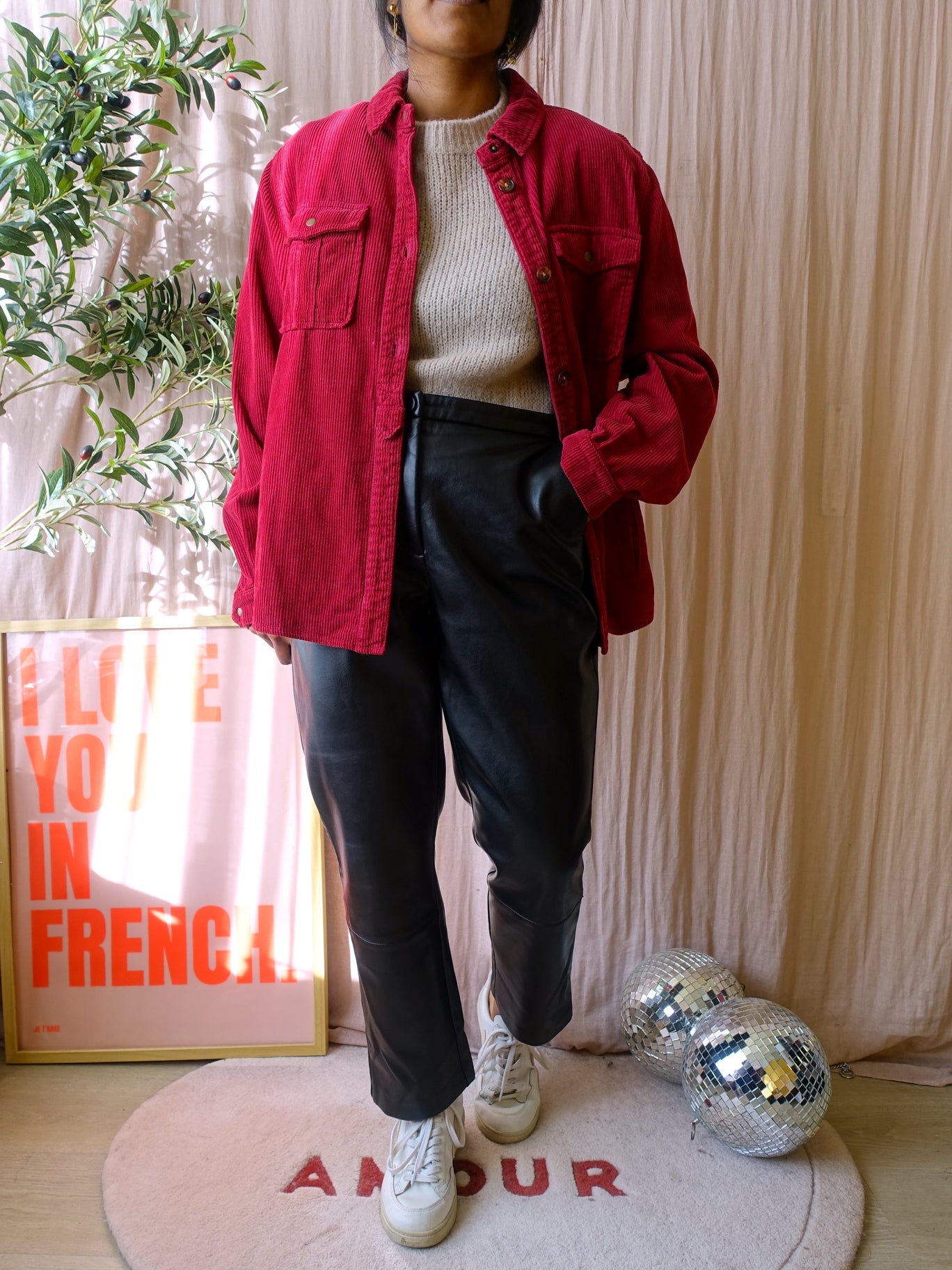 Maison 123 velvet ribcord shacket viva magenta