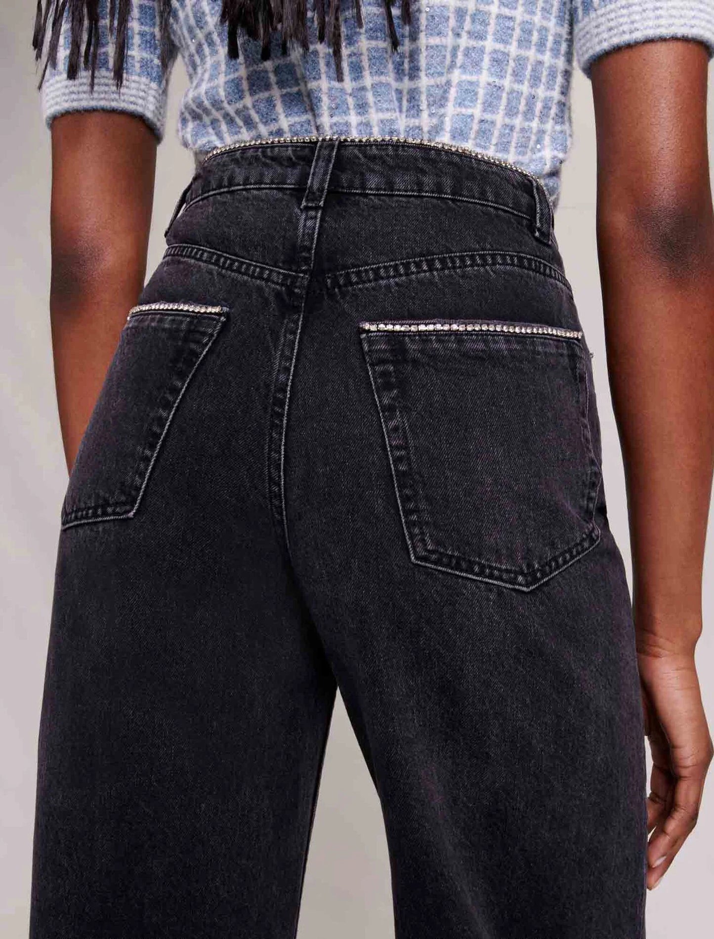 Maje Paris embellished strass straight leg jeans noir