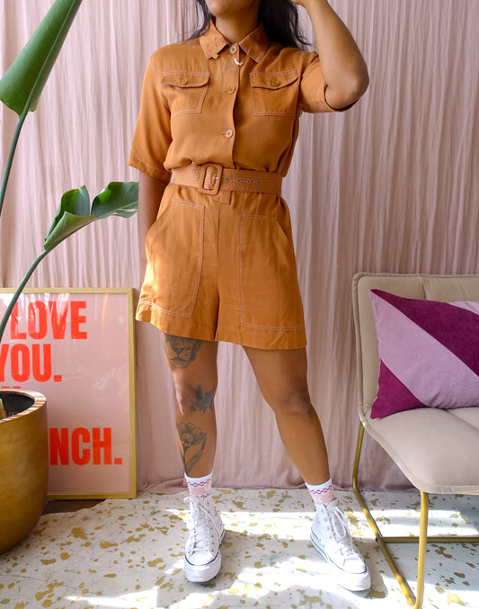 Maje Paris lyocell belted playsuit camel