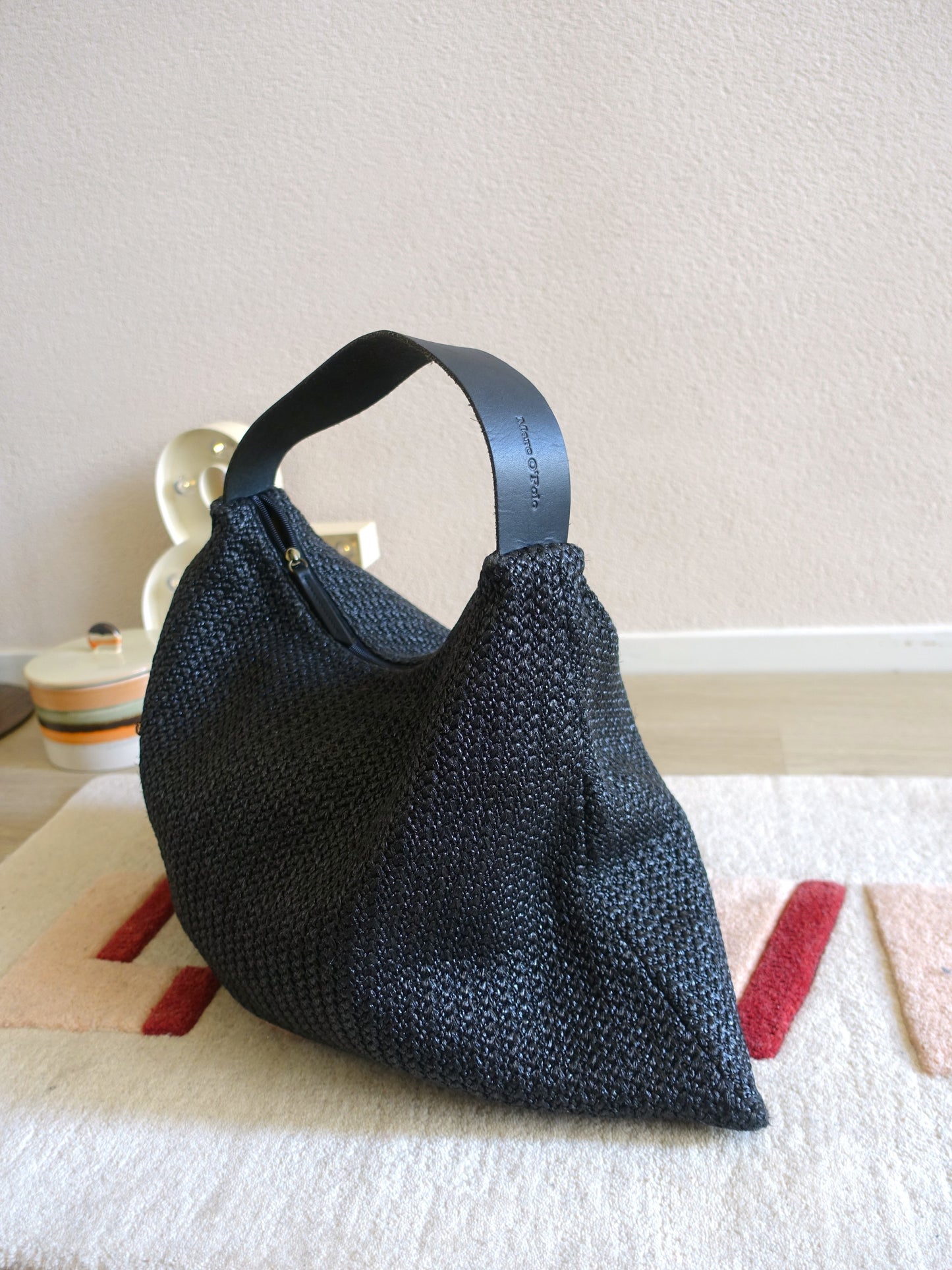 Marc O'Polo raffia tas met lederen details jet black