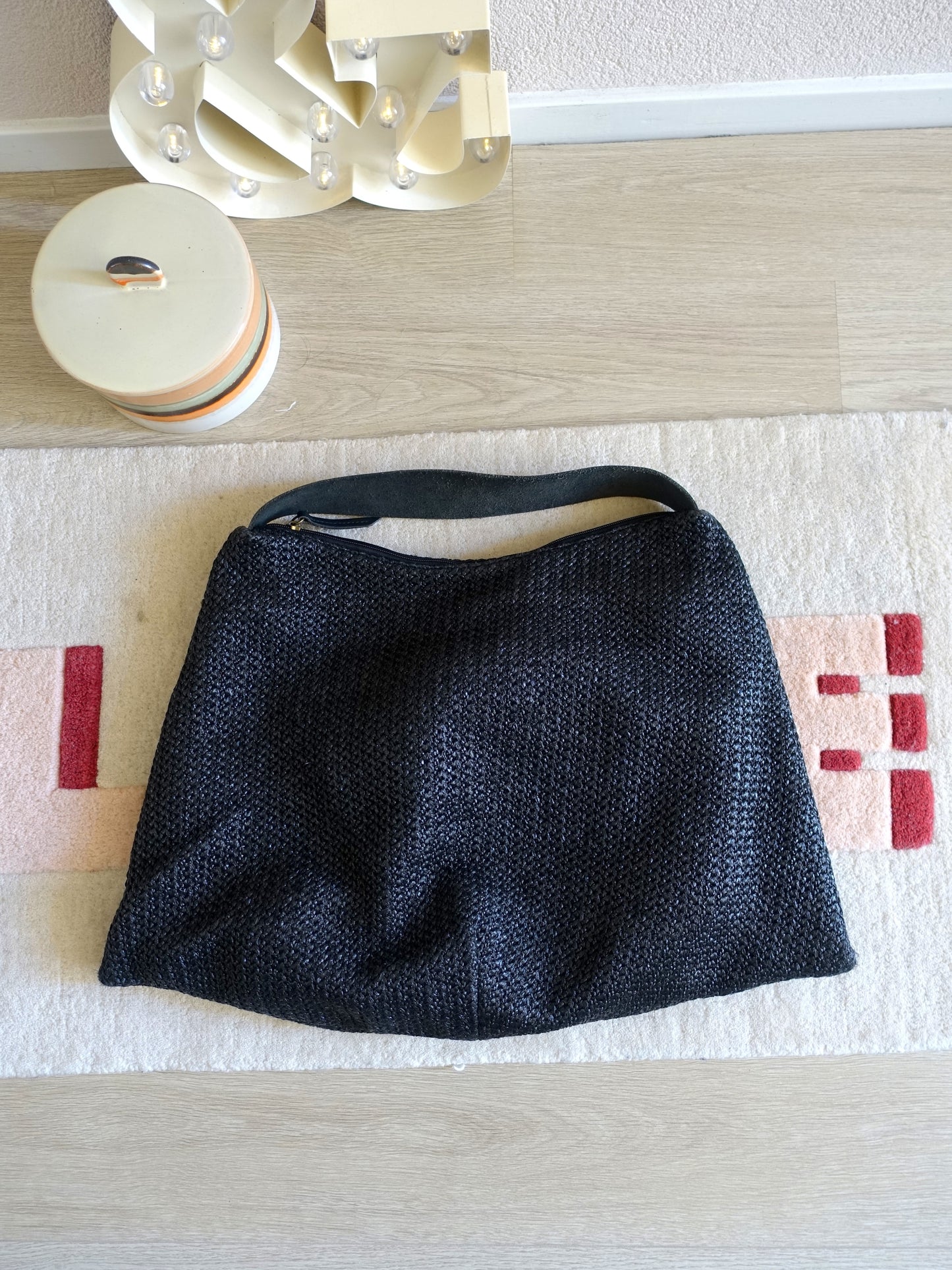 Marc O'Polo raffia tas met lederen details jet black