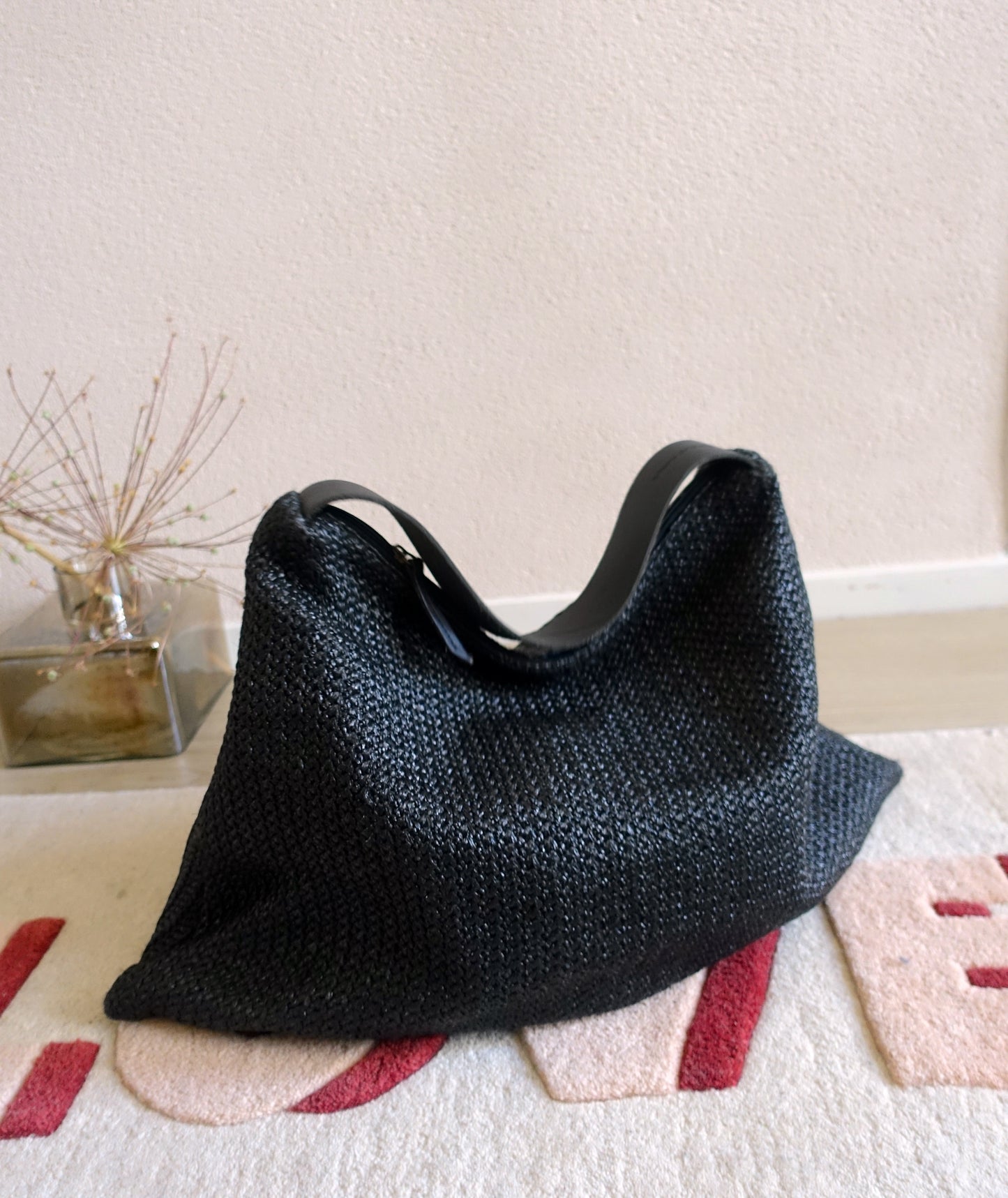 Marc O'Polo raffia tas met lederen details jet black