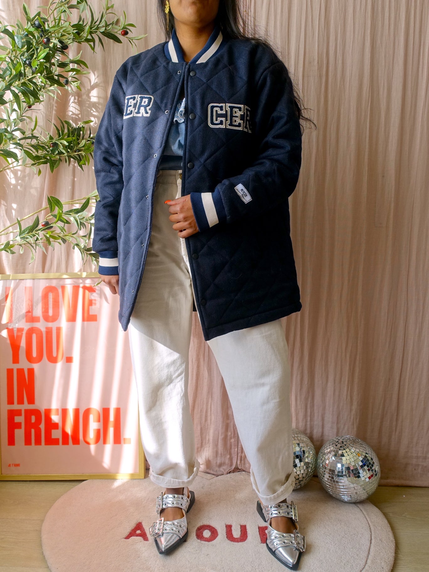 Mercer Amsterdam quilted varsity wool jacket midnight blue