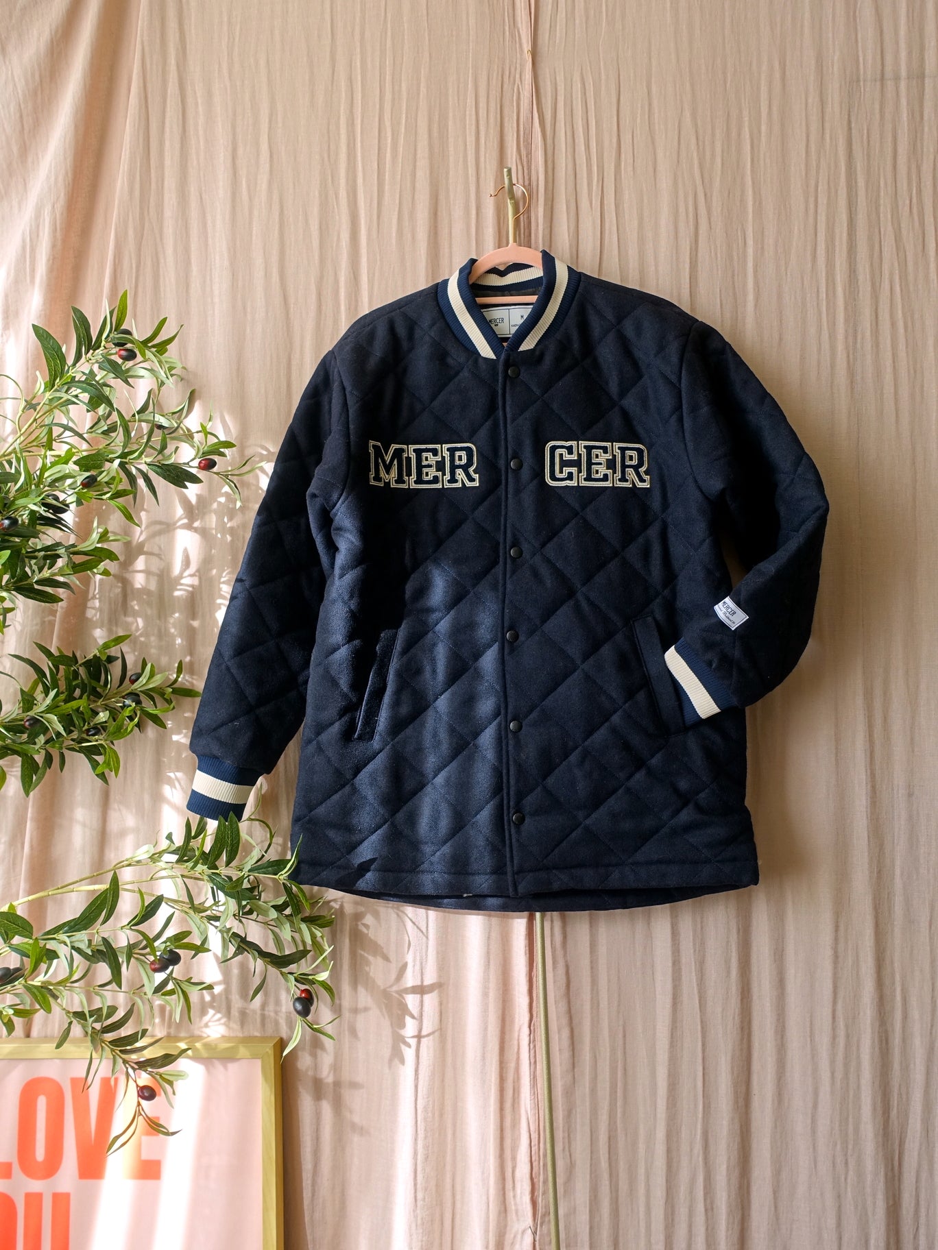 Mercer Amsterdam quilted varsity wool jacket midnight blue