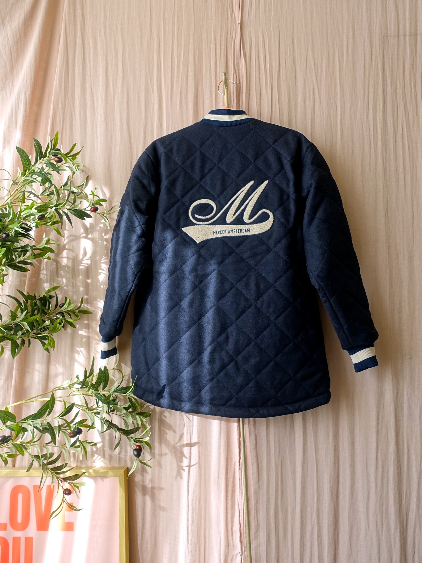 Mercer Amsterdam quilted varsity wool jacket midnight blue