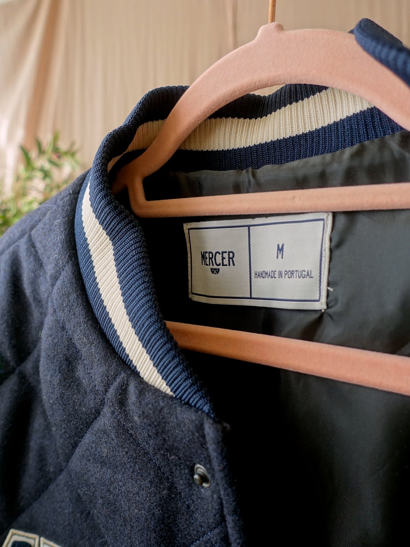 Mercer Amsterdam quilted varsity wool jacket midnight blue