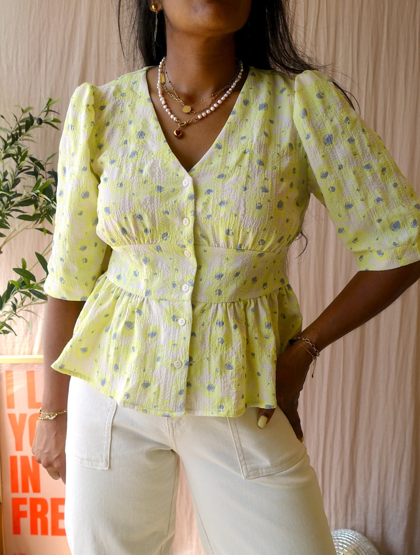 Modström cupid peplum top pale lime yellow