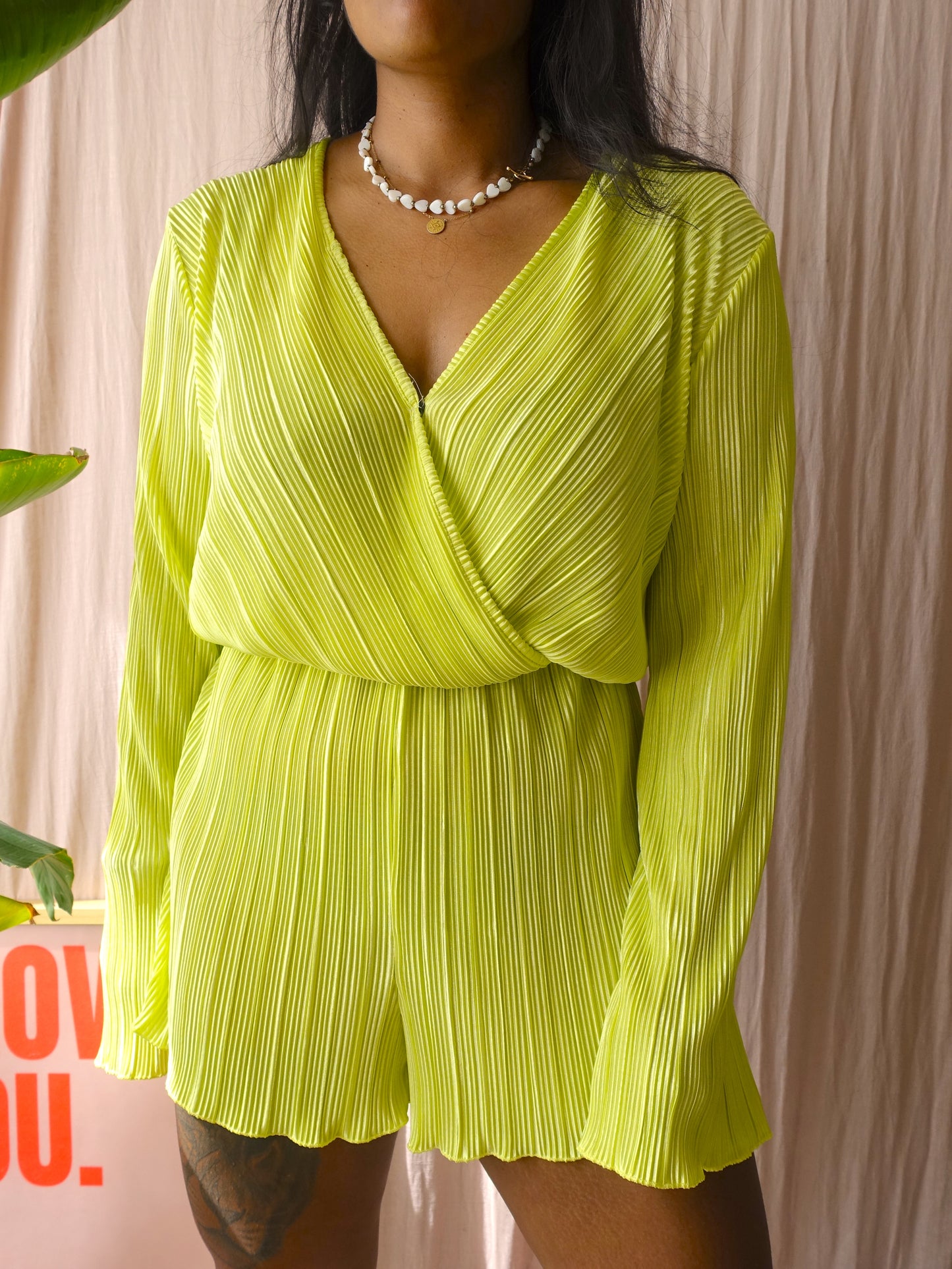 Mostwanted Alice ribbed satin playsuit lime