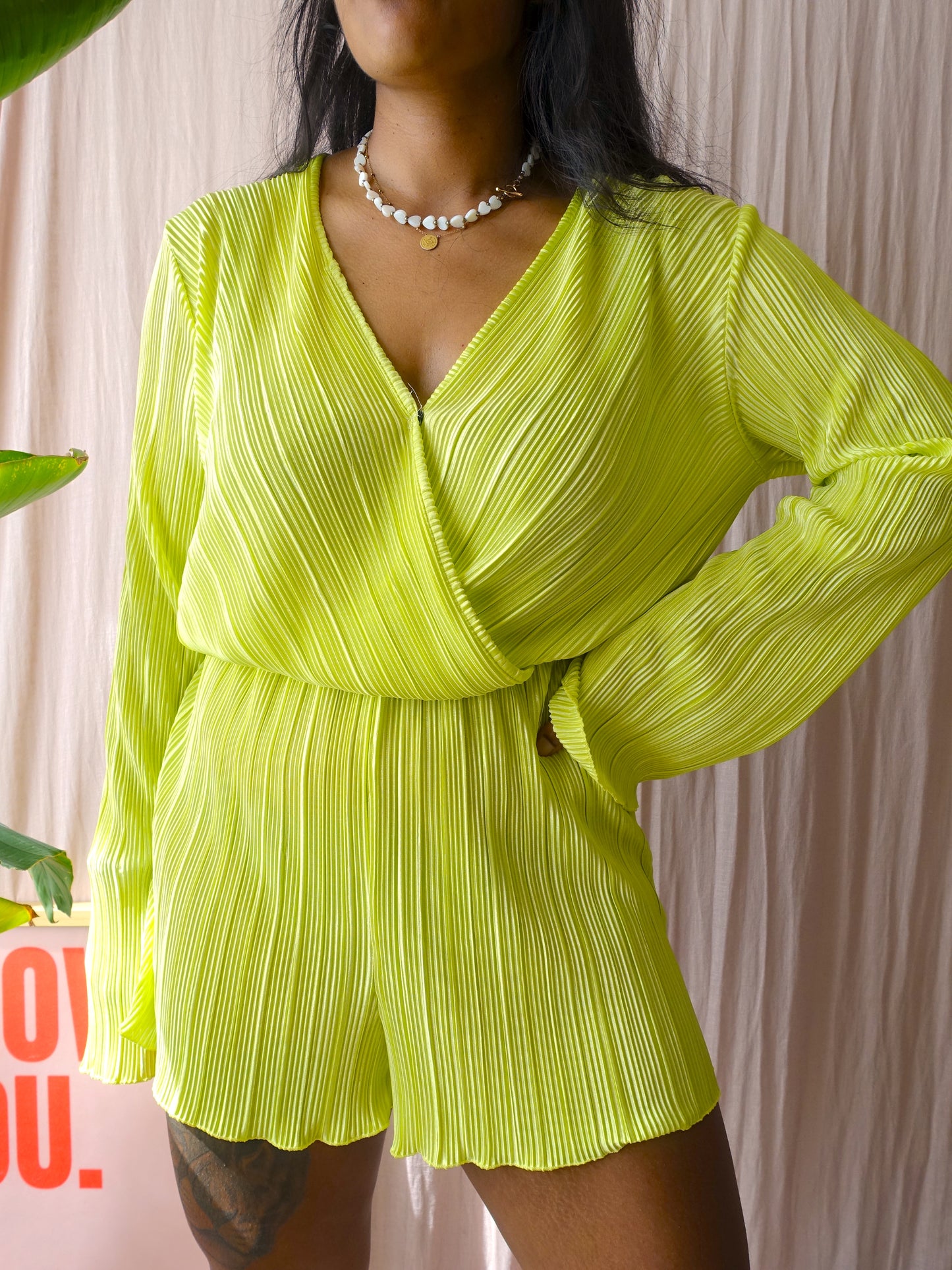 Mostwanted Alice ribbed satin playsuit lime