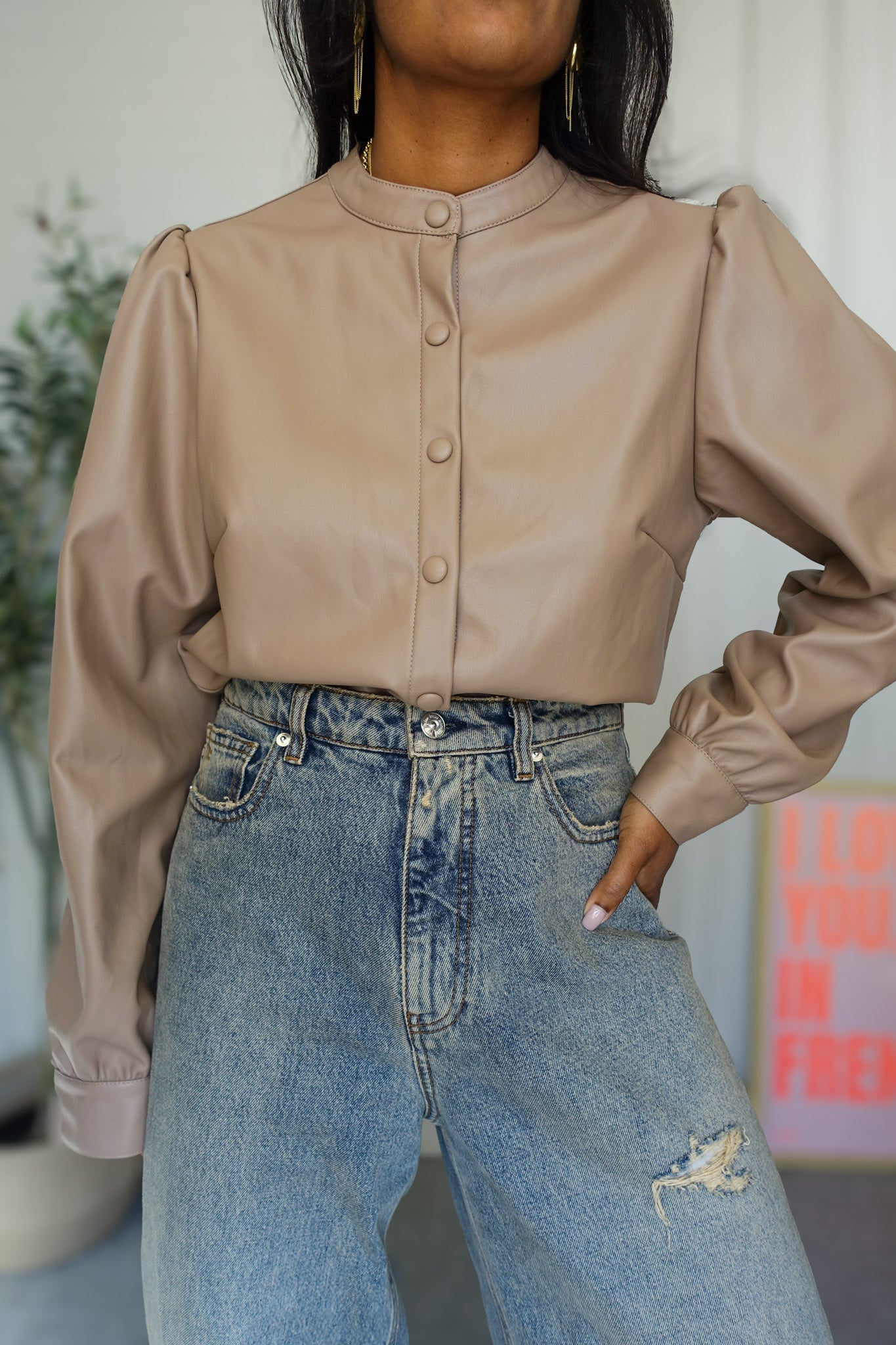 Minimum soft vegan leather blouse taupe