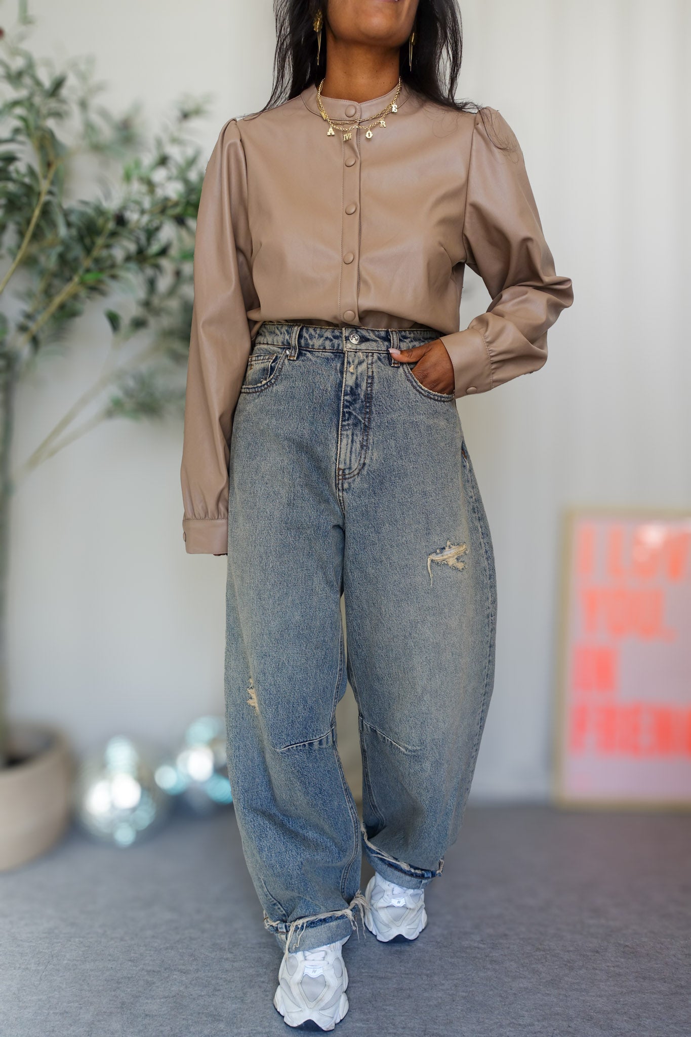 Minimum soft vegan leather blouse taupe