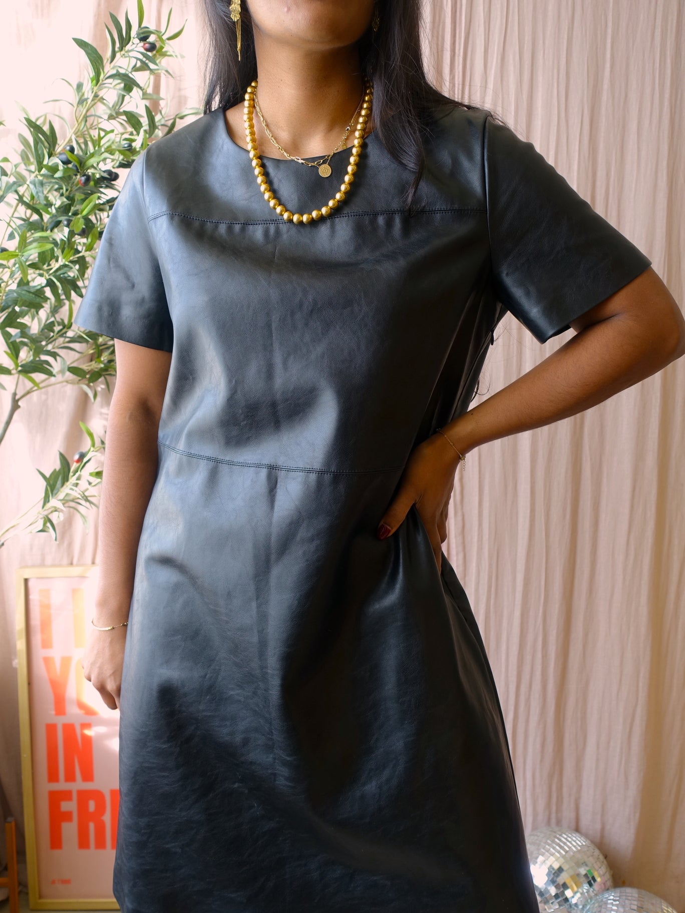 Opus wasine vegan leather jurk zwart