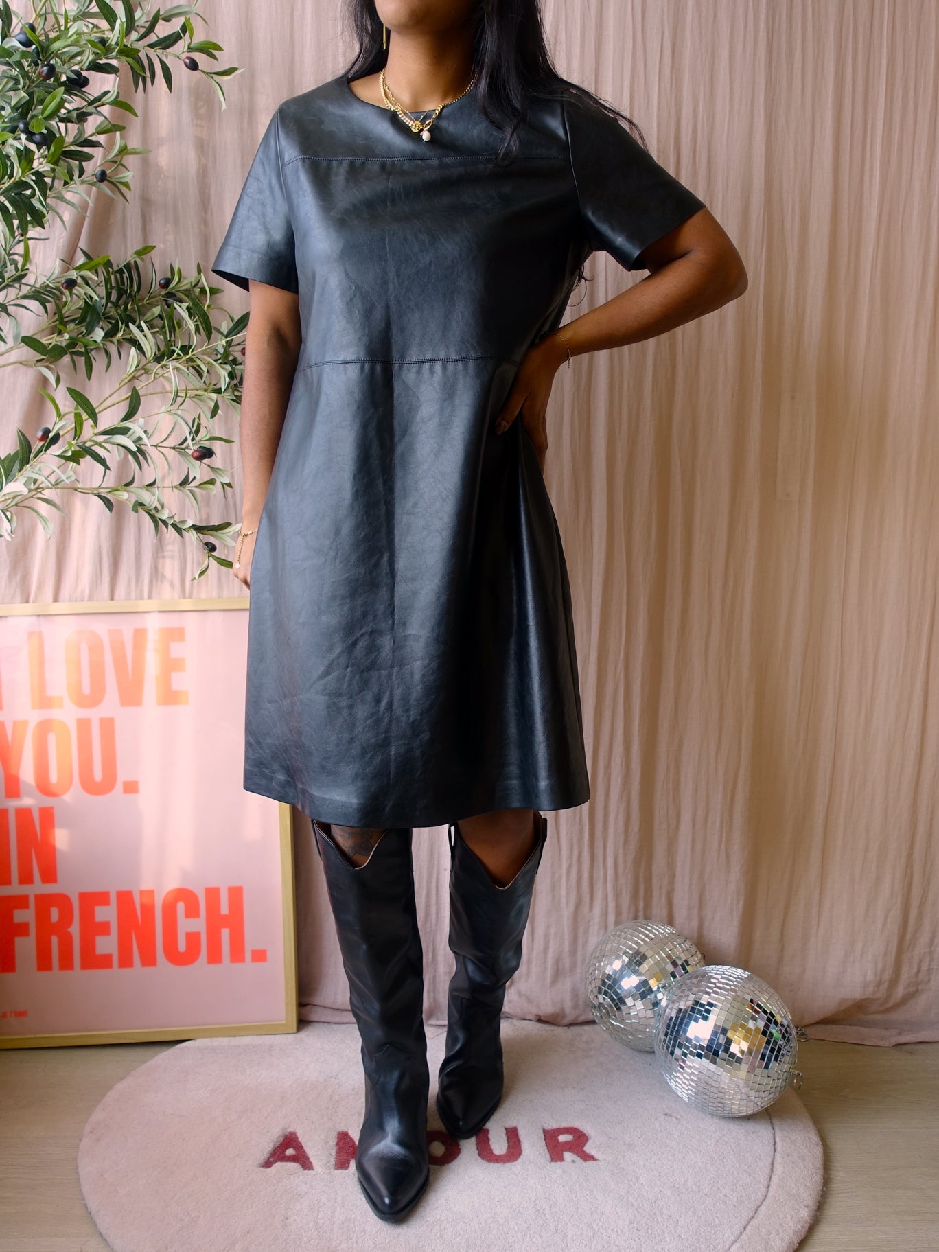 Opus wasine vegan leather jurk zwart