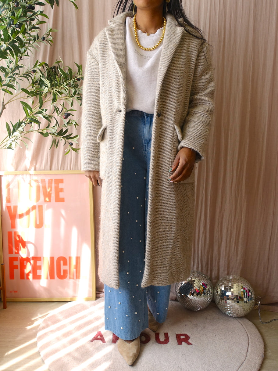 American Vintage brushed wool herringbone coat taupe beige