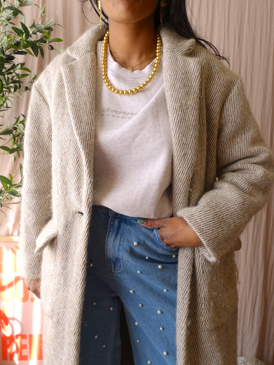 American Vintage brushed wool herringbone coat taupe beige