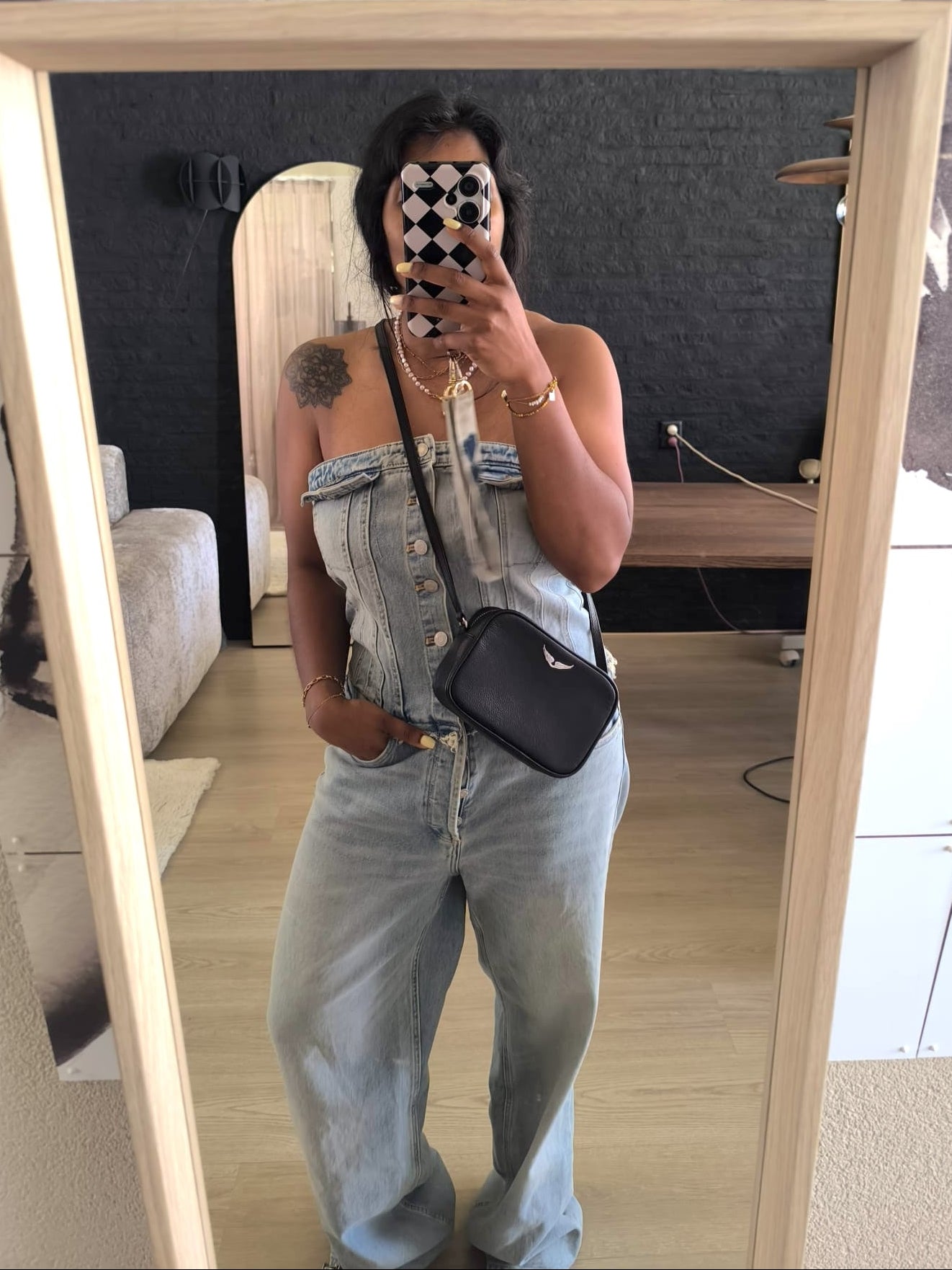 Zara denim wide leg jumpsuit worn look