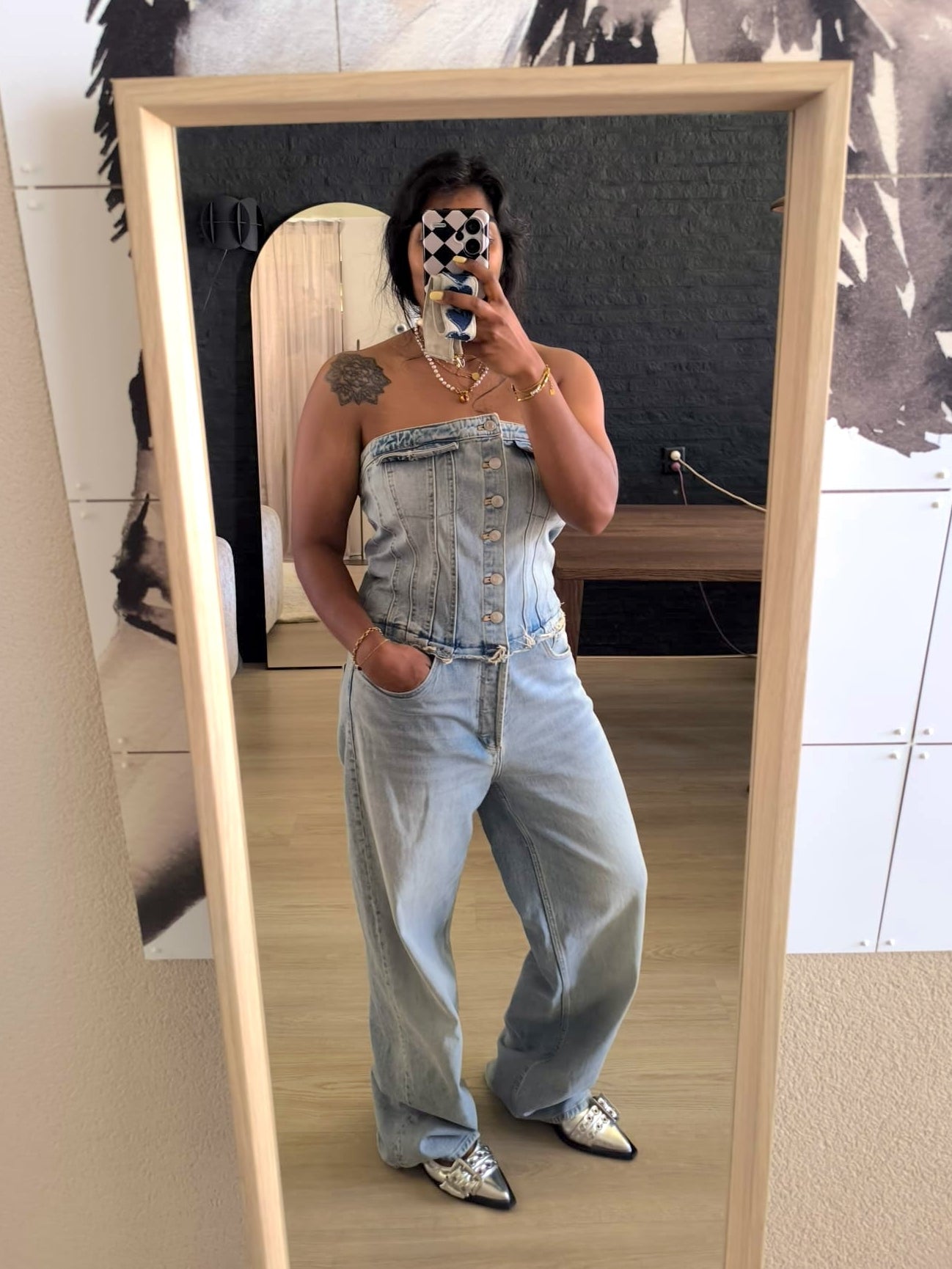Zara denim wide leg jumpsuit worn look