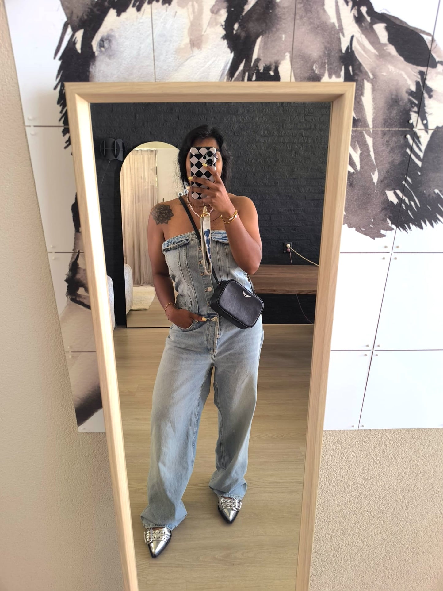 Zara denim wide leg jumpsuit worn look