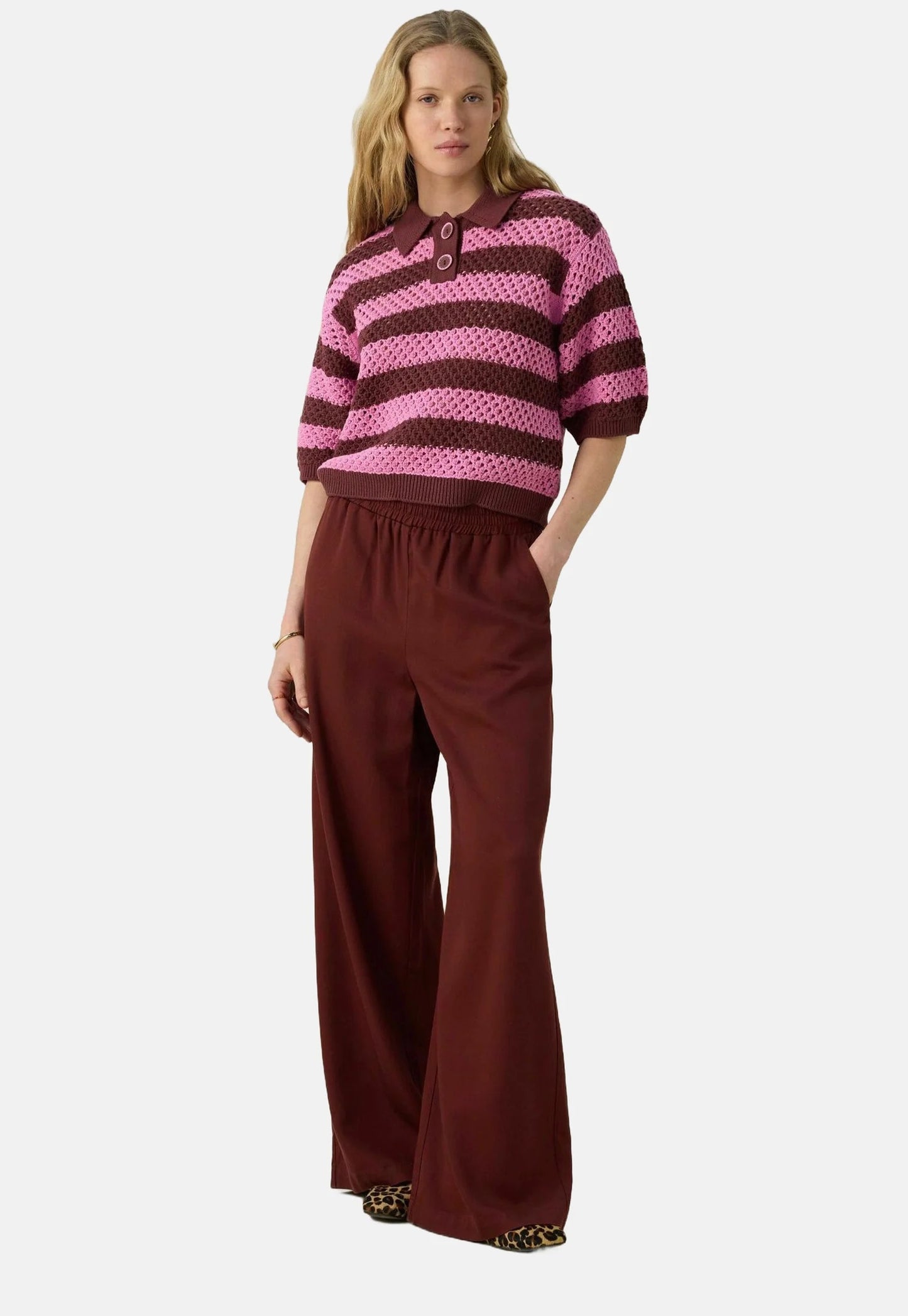 Sissy-Boy relaxed fit retro crochet polo burgundy / pink