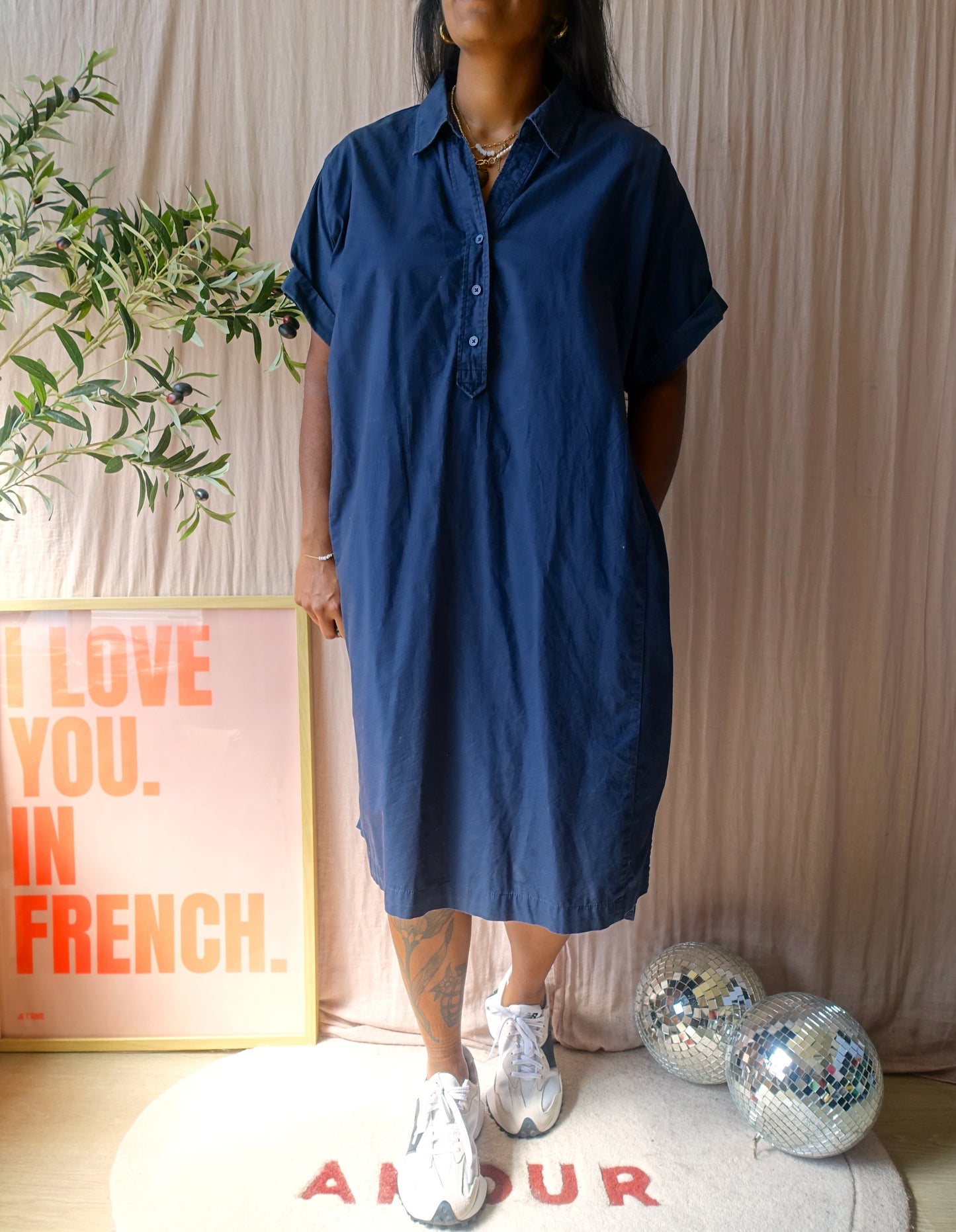 OPUS wajoni midi cotton jurk navy