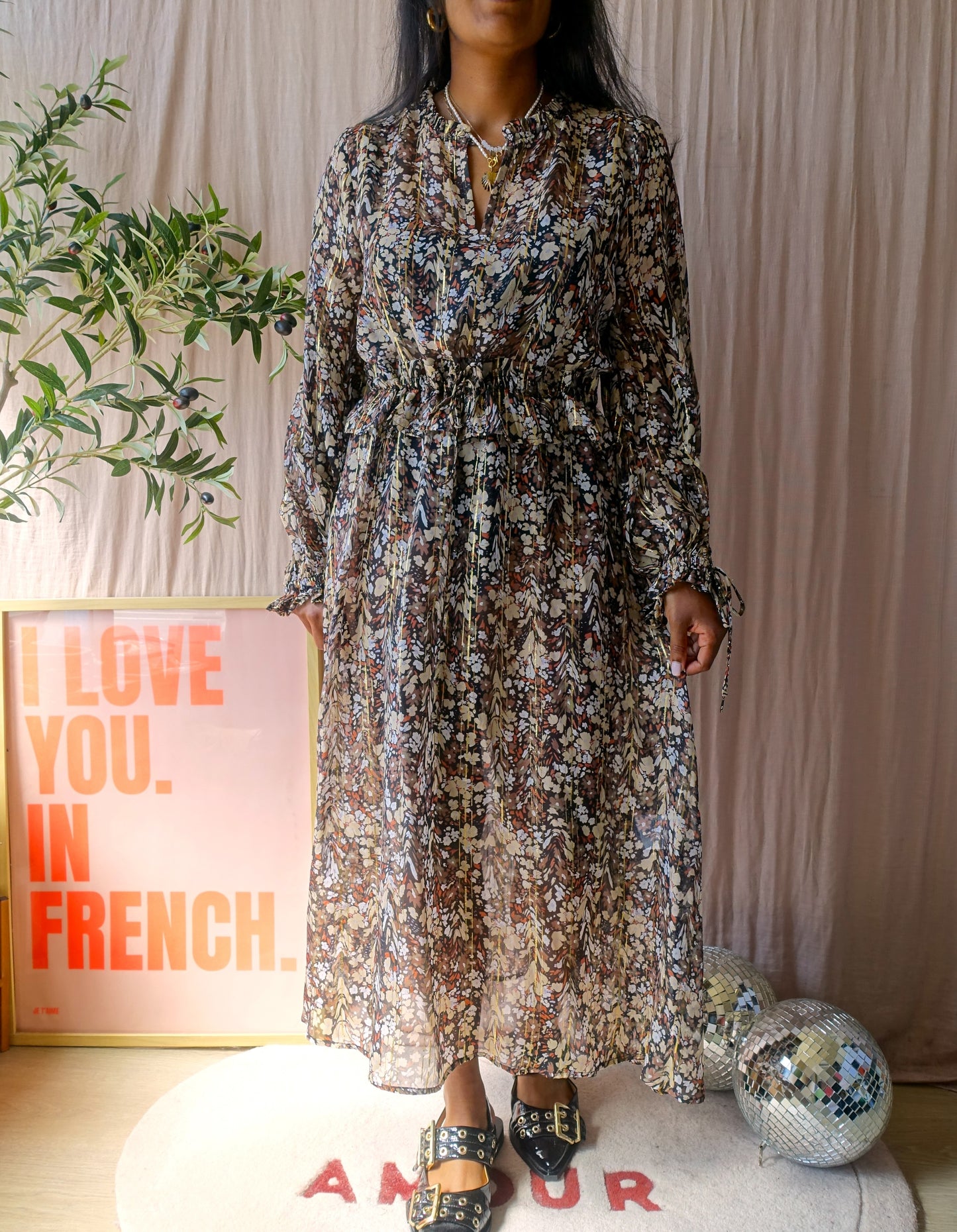 Munthe floral lurex jurk + onderjurkje