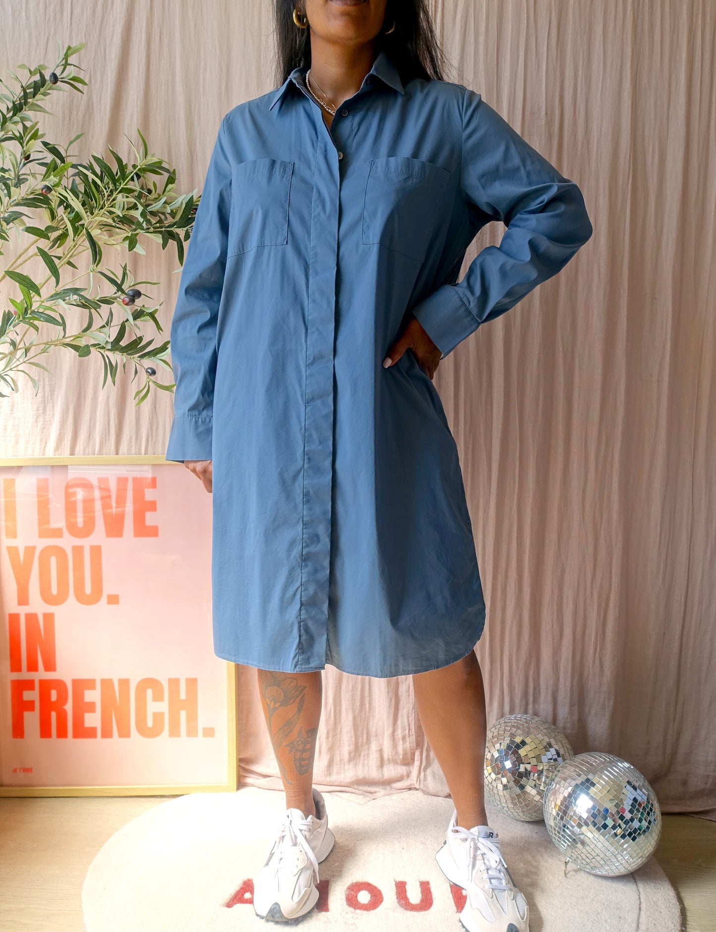 Repeat cotton stretch shirt dress old blue