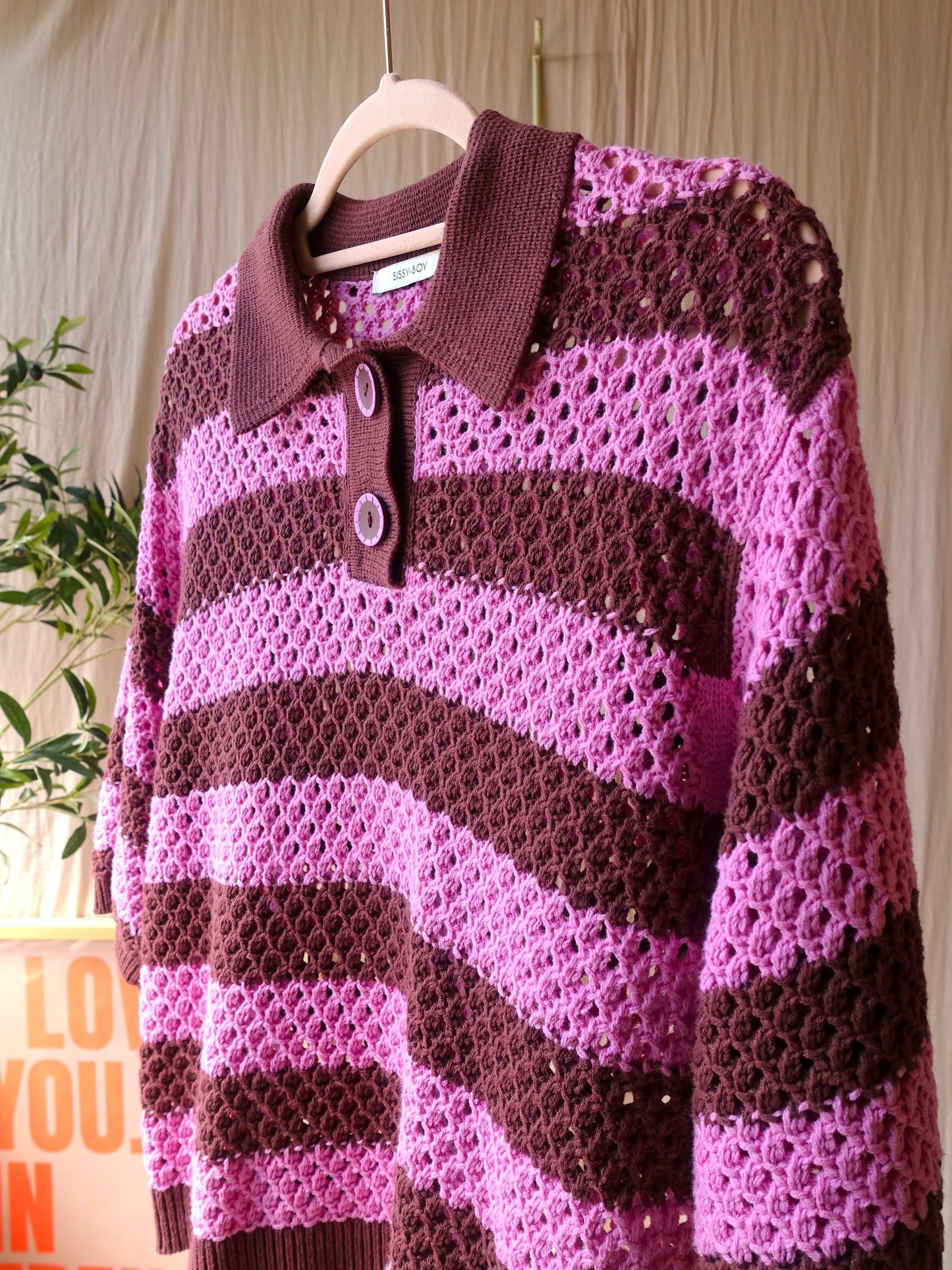 Sissy-Boy relaxed fit retro crochet polo burgundy / pink