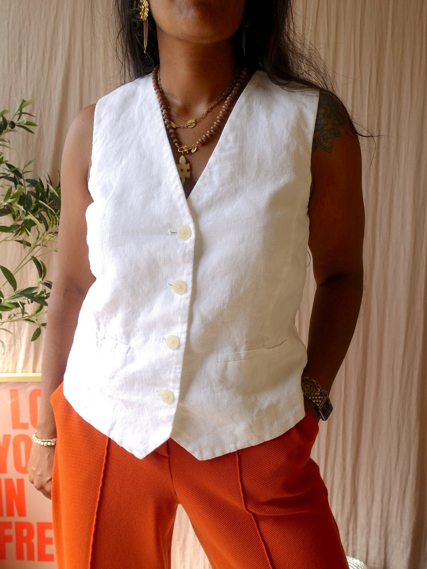 Mango 100% linnen gilet cloud dancer