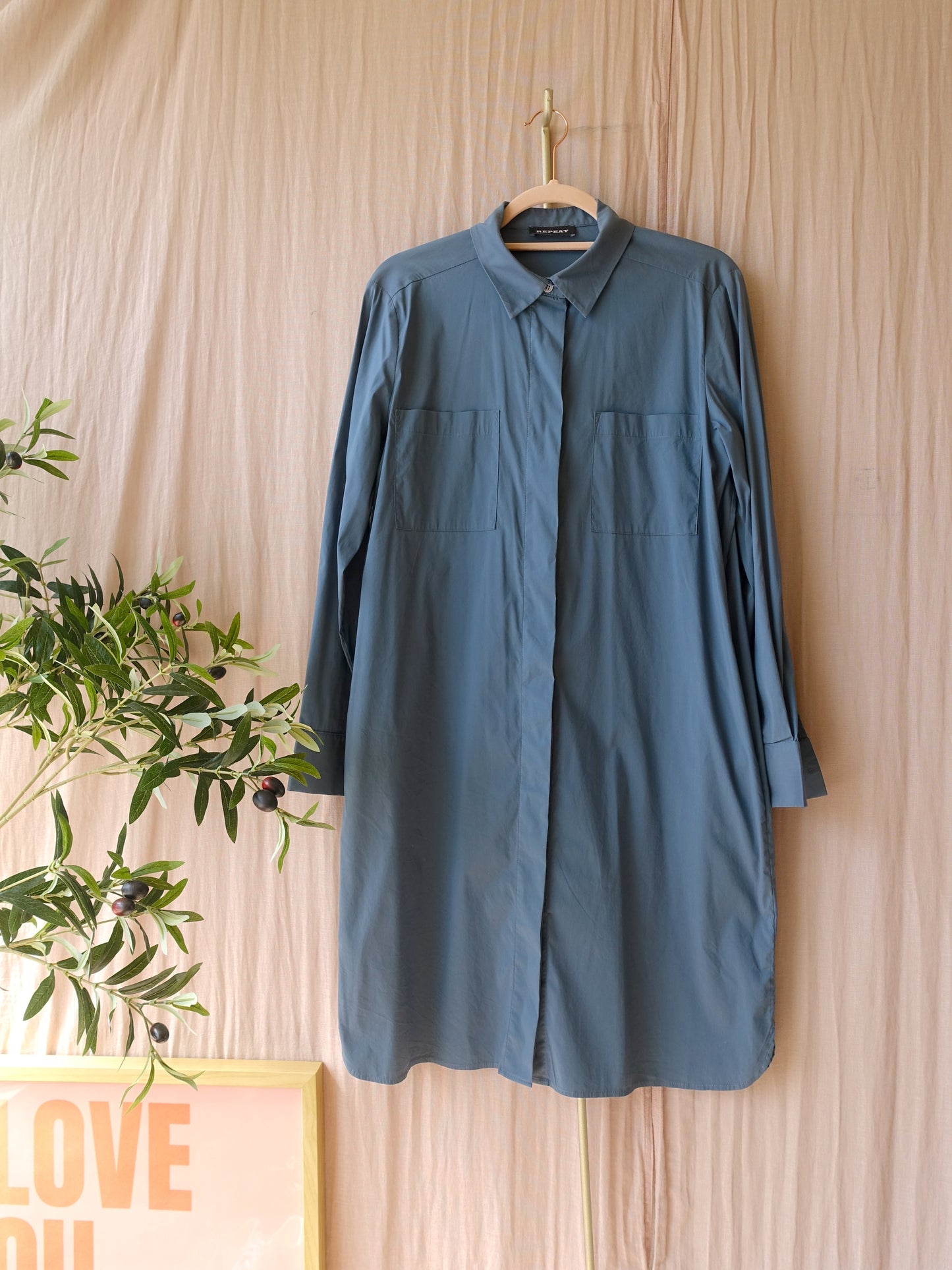 Repeat cotton stretch shirt dress old blue
