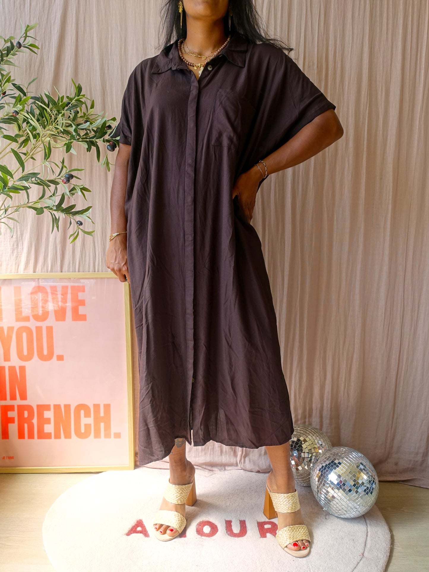 WE maxi cotton & linnenblend jurk chocolate brown