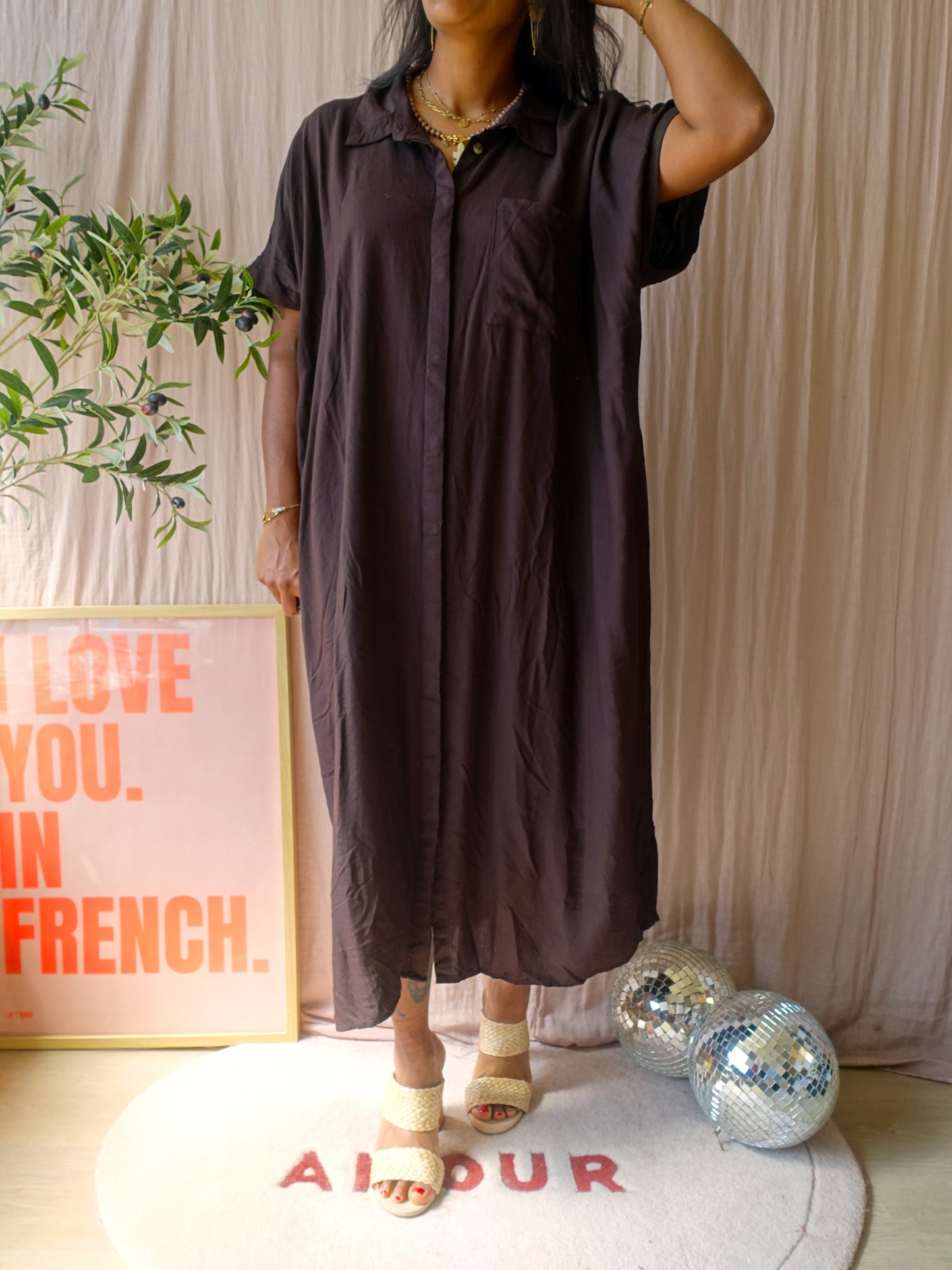 WE maxi cotton & linnenblend jurk chocolate brown