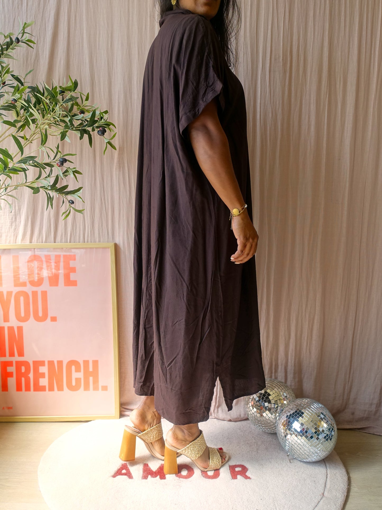 WE maxi cotton & linnenblend jurk chocolate brown